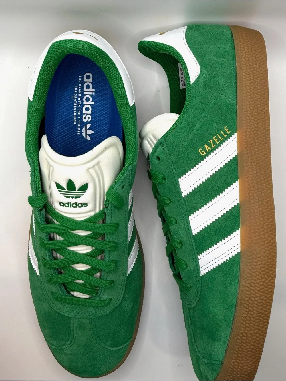 adidas Green ADV Suede Gazelle Sneakers with White Stripes